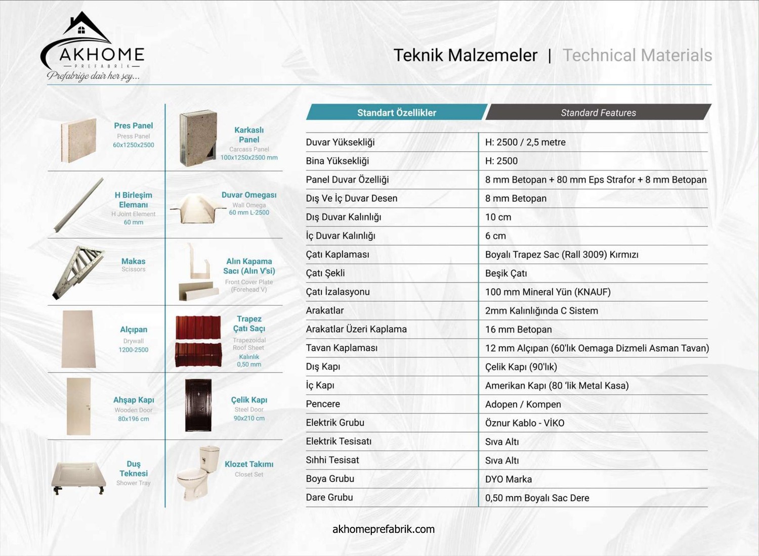 AKHOME teknik malzemeler ve standart özellikler katalog sayfası